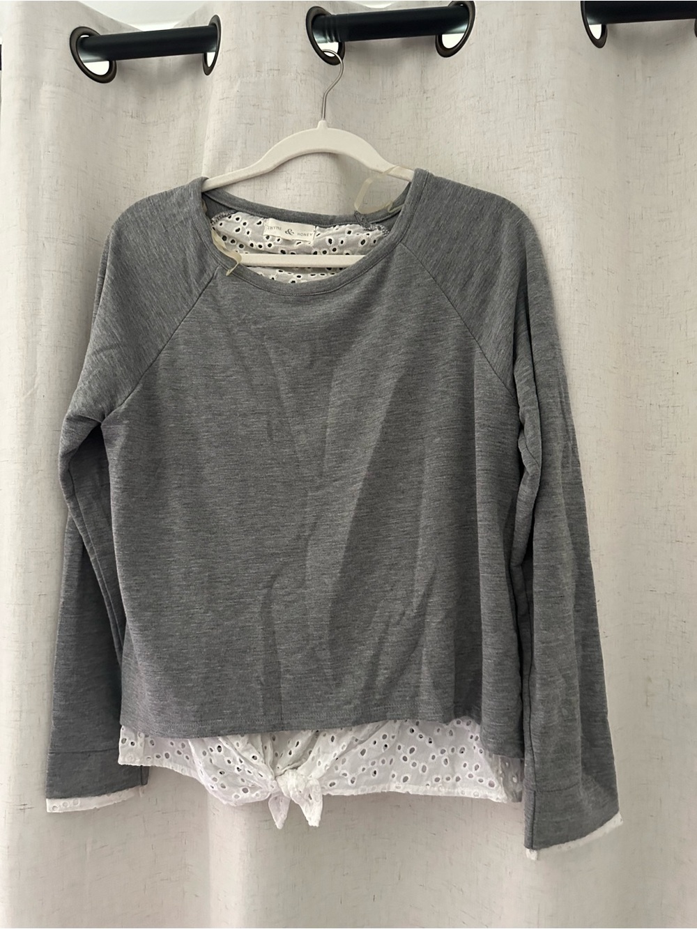 Women's Gray Layered Sweatshirt with Eyelet-Tie Hem